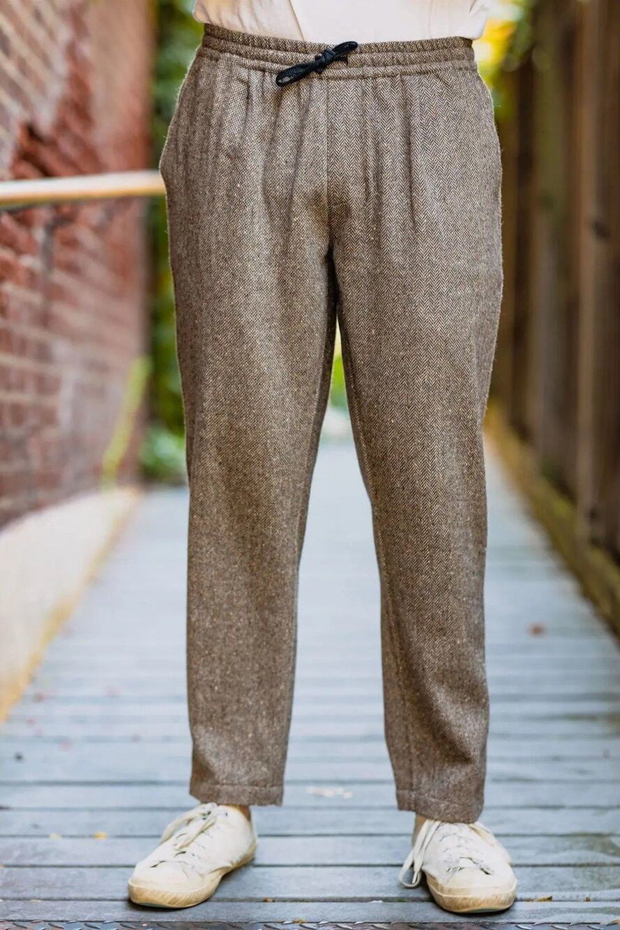 3Sixteen Brown Wool Blend Tweed Herringbone Pull On Drawstring Pants Small